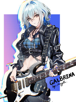 1girl absurdres alternate_costume black_jacket blue_bra blue_hair blue_nails bra breasts character_name chinese_commentary cleavage closed_mouth colored_inner_hair commentary_request electric_guitar galbrena_(wuthering_waves) grey_hair guitar hair_between_eyes highres holding holding_instrument ibanez_rg instrument jacket leather leather_jacket looking_at_viewer medium_breasts minglu_(gululu) multicolored_hair nail_polish navel purple_eyes signature solo stomach underwear wuthering_waves
