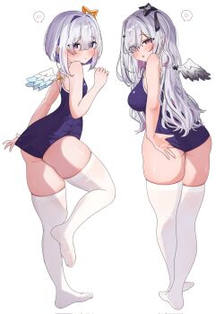 2girls amane_kanata amane_konata angel angel_wings black_halo blue_hair blush breasts colored_inner_hair diamond_hair_ornament feathered_wings gradient_wings grey_hair halo highres hololive large_breasts long_hair looking_at_viewer looking_back mikura_no_e mini_wings multicolored_hair multicolored_wings multiple_girls one-piece_swimsuit open_mouth pink_hair purple_eyes purple_hair short_hair single_hair_intake smile star_halo streaked_hair swimsuit thighhighs virtual_youtuber white_thighhighs white_wings wings