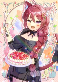 Rule 34 | 1girl, :d, ahoge, animal ear fluff, animal ears, bell, black bow, black dress, blue hair, bow, braid, brown background, brown eyes, cake, cat ears, cat girl, cat tail, collarbone, commentary request, copyright request, diagonal-striped background, dress, fang, food, fork, garter belt, gradient background, gradient hair, hair between eyes, hair bow, hair intakes, hair over shoulder, heterochromia, holding, holding fork, holding plate, jingle bell, kou hiyoyo, long hair, long sleeves, multicolored hair, neck bell, open mouth, pink background, plate, red eyes, single braid, smile, solo, striped background, tail, tail bow, tail ornament, very long hair, virtual youtuber
