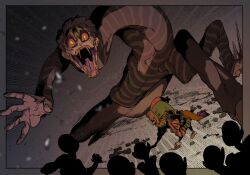 2boys ambiguous_gender androgynous arlecchino_(vlad_grimms) asymmetrical_sleeves bakushi_(smys2017) bell-bottoms bent_over black_background black_facepaint black_hair black_pants black_shirt black_sleeves blunt_ends blurry bob_cut boots border brown_hair character_name colored_sclera colored_skin commentary_request contortion covered_pectorals depth_of_field emphasis_lines extra_arms extra_eyes facepaint familiar fangs flexible giant gradient_background green_hat green_sleeves grey_background grey_border grey_shirt grey_sleeves hands_on_ground harlequin hat horizontal-striped_clothes horizontal-striped_sleeves jester jester_cap jester_costume legs_apart long_neck long_shirt long_sleeves looking_at_viewer makeup male_focus medium_hair mismatched_sleeves monster_boy motion_lines multiple_boys neck_ruff no_mask nose nostrils open_clothes open_hand open_mouth open_shirt orange_pants outside_border pale_skin pants parted_bangs pectorals pointy_nose puff_and_slash_sleeves puffy_long_sleeves puffy_sleeves pulcinella_(vlad_grimms) purple_boots purple_shirt red_hat red_sclera red_sleeves scales shirt short_hair simple_background sleeve_cuffs snake_boy striped_sleeves translation_request turtleneck turtleneck_shirt two-tone_hat vampire vlad_grimms white_scales white_skin yellow_collar yellow_eyes