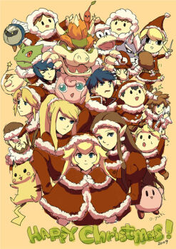 4girls 6+boys alternate_costume bowser child christmas diddy_kong donkey_kong_(series) fire_emblem fire_emblem:_mystery_of_the_emblem fire_emblem:_path_of_radiance gen_1_pokemon hat ice_climber ice_climbers ike_(fire_emblem) ivysaur jigglypuff kid_icarus kirby kirby_(series) link lucas_(mother_3) luigi mario_(series) marth_(fire_emblem) meta_knight metal_gear_(series) metal_gear_solid metroid monkey mother_(series) mother_2 mother_3 multiple_boys multiple_girls nana_(ice_climber) ness_(mother_2) nintendo o-yuki olimar pikachu pikmin_(creature) pikmin_(series) pit_(kid_icarus) pokemon pokemon_(creature) popo_(ice_climber) princess_peach princess_zelda samus_aran santa_costume santa_hat solid_snake star_fox super_smash_bros. the_legend_of_zelda the_legend_of_zelda:_the_wind_waker the_legend_of_zelda:_twilight_princess toon_link wolf_o'donnell