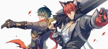 2boys animal_ear_fluff animal_ears black_gloves black_hair black_jacket body_fur closed_mouth collar collarbone commentary dog_boy dog_ears english_commentary finger_gun fingerless_gloves gloves green_eyes green_hair hair_between_eyes highres jacket jewelry jojo_pose komano_manato kujo_jotaro&#039;s_pose kuro_lee leather leather_jacket lighter_(zenless_zone_zero) looking_at_another looking_over_eyewear looking_to_the_side male_focus multicolored_hair multiple_boys muscular muscular_male necklace open_mouth over_shoulder pectorals red_bandage red_eyes red_hair red_pupils red_scarf scar scar_across_eye scar_on_face scarf shirt short_hair shoulder_spikes spiked_jacket spikes studded_gloves sunglasses sword sword_over_shoulder torn_clothes torn_scarf twitter_username upper_body weapon weapon_over_shoulder white_background white_shirt zenless_zone_zero