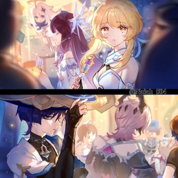 2boys 3girls blonde_hair blue_eyes columbina_(genshin_impact) commentary detached_sleeves dress durin_(genshin_impact) english_commentary eyeliner flower genshin_impact hair_flower hair_ornament hand_on_own_hat highres lumine_(genshin_impact) makeup mandarin_collar multiple_boys multiple_girls naiah_504 paimon_(genshin_impact) red_eyeliner scaramouche_(genshin_impact) short_hair wanderer_(genshin_impact) watermark white_dress