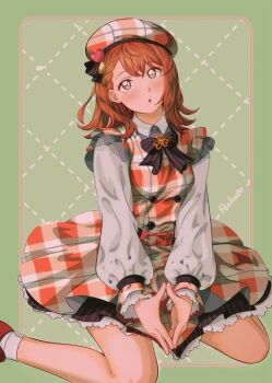 1girl :o belt beret black_bow blush bow bowtie dress frilled_dress frills hanasato_minori hat heart jewelry long_sleeves looking_at_viewer medium_hair orange_hair plaid plaid_clothes plaid_dress plaid_headwear project_sekai red_footwear ribbon sitting socks solo wariza