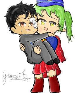 blue_archive brown_eyes carrying cosplay doodle_sensei_(blue_archive) green_hair grey_shirt non-web_source nozomi_(blue_archive) original princess_carry reverse_princess_carry sensei_(blue_archive) shirt supergirl supergirl_(cosplay) yellow_eyes