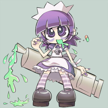 1girl apron bandaged_wrist bandages black_shoes blush breasts cameltoe dress drooling earrings futaba_channel green_background green_liquid holding holding_syringe jewelry k-nattoh liquid loli long_hair looking_at_viewer maid maid_headdress mary_janes necklace nijiura_maids open_mouth oversized_object panties pill puffy_sleeves purple_dress purple_eyes purple_hair purple_nails purple_thighhighs shoes short_sleeves single_earring skull skull_necklace small_breasts smile standing striped_clothes striped_thighhighs syringe thighhighs underwear white_apron white_panties wind wind_lift yakui