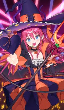 1girl artist_request black_dress blue_eyes blush breasts curled_horns demon_tail demon_wings detached_sleeves dragon_horns dress elizabeth_bathory_(fate) elizabeth_bathory_(halloween_caster)_(fate) fate/grand_order fate_(series) hat horns long_hair looking_at_viewer official_art open_mouth orange_dress pink_hair pointy_ears polearm popped_collar purple_hat small_breasts smile solo striped_clothes striped_dress tail trident two-tone_dress vertical-striped_clothes vertical-striped_dress weapon wings witch_hat
