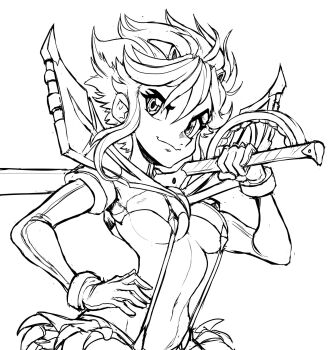 breasts cleft_of_venus hand_on_own_hip highres holding holding_sword holding_weapon kill_la_kill looking_at_viewer matoi_ryuuko midriff miniskirt navel senketsu short_hair sketch skirt suspenders sword teevo underboob weapon