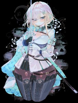 1girl armband asymmetrical_bangs black_background black_gloves black_pantyhose blue_butterfly blue_eyes blush boots bow braid breasts bug bun_with_braided_base butterfly chest_belt cleavage closed_mouth cowboy_shot dress floating_hair flower framed_breasts gloves grey_hair hair_bow hair_intakes hair_ornament hand_on_own_back hand_up high_collar highres holding holding_sword holding_weapon insect large_breasts long_sidelocks looking_at_viewer mole mole_on_breast pantyhose phase_connect rapier rose scabbard sheath short_dress shrug_(clothing) side_cape sidelocks skindentation solo sword thigh_boots upper_body usa37107692 virtual_youtuber weapon white_bow white_dress white_flower white_rose white_shrug wide_hips wilhelmina_frost