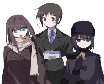 ... 1boy 2girls ^^^ absurdres aozaki_aoko black_capelet black_coat black_eyes black_hair black_hat blue_eyes blue_necktie brown_coat brown_hair capelet coat collared_shirt hat highres jitome kuonji_alice long_hair looking_at_viewer mahou_tsukai_no_yoru medium_hair multiple_girls necktie rnqntm scarf shirt shizuki_soujuurou simple_background white_background white_scarf white_shirt