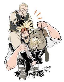 3boys aberdeenport absurdres askeladd beard black_boots blonde_hair boots capelet carrying clenched_hand closed_eyes closed_mouth coat copyright_name facial_hair flexing fur-trimmed_capelet fur-trimmed_coat fur-trimmed_vest fur_trim furrowed_brow goatee grey_vest hair_between_eyes hashtag-only_commentary head_on_hand headband highres hood hood_down hooded_capelet male_focus mature_male medium_hair multiple_boys open_mouth short_hair shoulder_carry smile striped_headband sweatdrop thorfinn thorkell vest vinland_saga