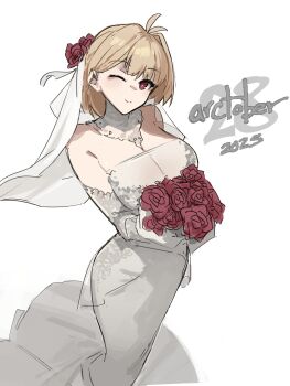 1girl absurdres arcueid_brunestud blonde_hair bouquet breasts cleavage cowboy_shot dated dress flower hair_flower hair_ornament highres holding holding_bouquet jonyeld large_breasts one_eye_closed red_eyes red_flower red_rose rose see-through_clothes simple_background sketch smile solo standing strapless strapless_dress tsukihime veil wedding_dress white_background white_dress