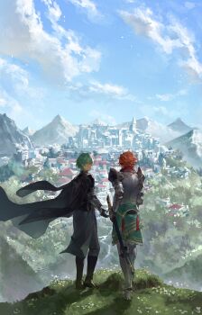 2boys absurdres armor black_armor black_cape blue_sky cape castle cloud day fire_emblem fire_emblem:_three_houses grass green_eyes green_hair highres looking_at_another male_byleth_(awakened)_(fire_emblem) male_byleth_(fire_emblem) male_focus mountainous_horizon multiple_boys nintendo outdoors potato_goril reaching reaching_towards_another red_hair sky sword sylvain_jose_gautier sylvain_jose_gautier_(timeskip) weapon