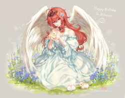 Rule 34 | 1boy, angel wings, diluc (genshin impact), dress, flower, fylus, genshin impact, grass, grey background, hair between eyes, highres, long hair, long sleeves, male focus, on grass, open mouth, rabbit, red eyes, red hair, simple background, smile, solo, trap, white dress, wings