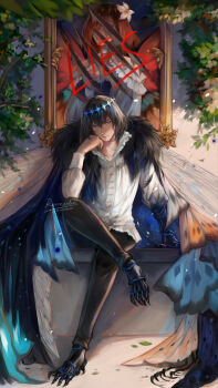 1boy absurdres black_hair black_pants blue_eyes cape closed_mouth colored_extremities commentary dragonfly_wings english_commentary expressionless fate/grand_order fate_(series) frilled_shirt_collar frills full_body fur-trimmed_cape fur_trim highres male_focus oberon_(fate) oberon_(third_ascension)_(fate) pants picture_frame renrenka_noi shirt sitting toe_claws white_shirt