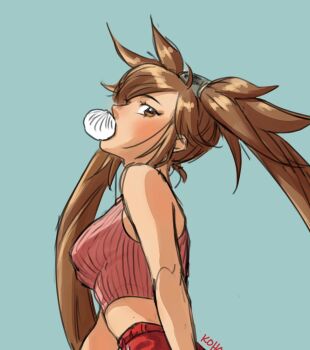 1girl artist_name bare_shoulders blue_background breasts brown_eyes brown_hair crop_top dumpling food food_in_mouth guilty_gear guilty_gear_xrd hair_ornament highres irene_koh kuradoberi_jam long_hair looking_at_viewer medium_breasts midriff pink_shirt red_shorts ribbed_shirt shirt shorts simple_background