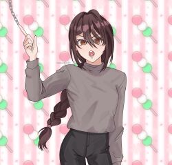 Rule 34 | 1girl, braid, braided ponytail, brown hair, chainsaw man, hair between eyes, hair over one eye, highres, long hair, looking at viewer, meowzanin33, mole, mole under eye, nayuta (chainsaw man), open mouth, pants, ringed eyes, sweater, sweater tucked in