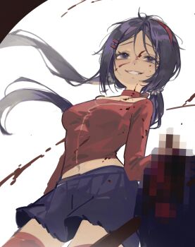 1girl :d absurdres antenna_hair blood blood_on_face blue_eyes blue_hair blue_skirt breasts censored chainsaw choker contrapposto cowboy_shot crazy_mita_(miside) from_below grin hair_between_eyes hair_ornament hair_scrunchie hairband hashtag-only_commentary highres holding holding_chainsaw k_hottok long_hair long_sleeves looking_ahead low_twintails miniskirt miside mita_(miside) mosaic_censoring navel open_mouth pleated_skirt raised_inner_eyebrows red_choker red_hairband red_shirt red_thighhighs scrunchie shirt simple_background skirt small_breasts smile solo standing thighhighs twintails very_long_hair white_background white_scrunchie wind zettai_ryouiki
