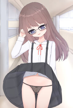 1girl black_bow black_eyes black_panties black_skirt blush bow bow_panties breast_pocket brown_hair cameltoe collarbone flat_chest glasses hallway loli long_hair long_sleeves looking_at_viewer navel neck_ribbon open_mouth original panties pocket red_ribbon ribbon school school_uniform shirt shooko skirt smile standing suspender_skirt suspenders underwear white_shirt wind wind_lift