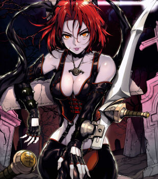 1girl arc_system_works armor bare_shoulders blade bloodrayne breasts cleavage corset dhampir elbow_gloves female_focus fingerless_gloves gloves half-human half-undead highres jewelry large_breasts leather leather_armor looking_at_viewer mixed_species necklace official_art parted_lips red_hair short_hair smile solo undead vampire wayforward wide_hips