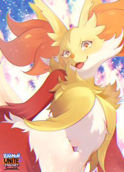 1girl :3 animal_ear_fluff animal_ears animal_nose artist_name body_fur breasts chromatic_aberration copyright_name delphox english_text fangs female_focus fox_ears fox_girl fox_tail furry furry_female gen_6_pokemon happy highres logo looking_at_viewer mature_female medium_breasts multicolored_fur navel nintendo open_mouth orange_eyes pokemon pokemon_(creature) red_fur signature smile snout solo standing stomach suahh tail teeth upper_body white_fur yellow_fur