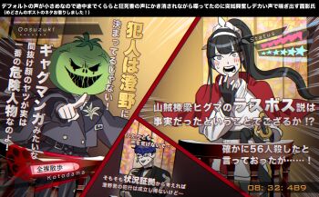 1boy 2girls anger_vein angry black_gloves black_hair black_haori blue_hair blush cape danganronpa_(series) danganronpa_v3:_killing_harmony dougi eye_print eyepatch fingerless_gloves gameplay_mechanics gasp gloves grey_eyes grey_jacket grey_kimono hairband haori highres jacket japanese_clothes kimono long_hair magadori_kyoshika martial_arts_belt mihen multiple_girls omokage_yugamu oosuzuki_kurara parody pointing ponytail print_eyepatch red_cape short_hair sweat sweatdrop sword the_hundred_line_-last_defense_academy- timestamp translation_request weapon white_hairband