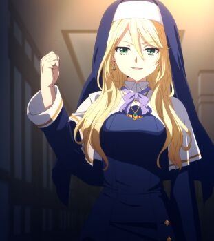 1girl anime_screenshot blonde_hair blue_dress blue_skirt blue_veil breasts capelet collared_capelet dress earrings engage_kiss female_focus gold_necklace green_eyes highres jewelry large_breasts long_hair long_skirt long_sleeves looking_at_viewer neckerchief necklace nun open_mouth purple_neckerchief sharon_holygrail skirt smile solo stitched third-party_edit veil white_capelet
