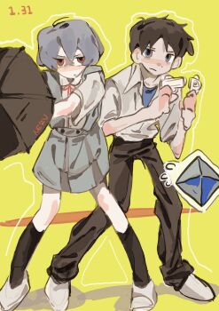 Rule 34 | angel (evangelion), ayanami rei, black socks, blue eyes, blue hair, blush, brown hair, gujijiwawa, highres, holding, holding umbrella, ikari shinji, neon genesis evangelion, red eyes, school uniform, shirt, short hair, socks, tokyo-3 middle school uniform, umbrella, white footwear, white shirt, yellow background