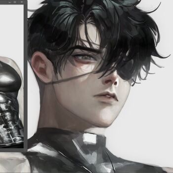 1boy abs aegyo_sal black_hair black_shirt crew_neck curtained_hair eyepatch green_eyes looking_at_viewer male_focus meltoring muscular muscular_male narrowed_eyes one_eye_covered original parted_lips pectorals reference_inset screencap shirt short_hair solo upper_body