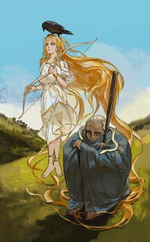 2boys absurdres age_difference ancient_greek_clothes androgynous animal animal_on_head animal_on_shoulder anklet apollo_(mythology) asclepius_(mythology) barefoot bird blonde_hair blue_robe blue_sky bow_(weapon) bracelet cane closed_eyes crow father_and_son floating_hair gold_bracelet greco-roman_clothes greek_mythology highres holding holding_bow_(weapon) holding_cane holding_weapon hunched_over jewelry long_hair looking_at_animal male_focus multiple_boys old old_man on_grass on_head outdoors robe rora_(auroradiation) short_hair sitting sky snake very_long_hair weapon white_hair white_robe white_snake