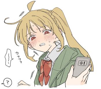 Rule 34 | 2girls, ahoge, blonde hair, blush, bocchi the rock!, bow, bowtie, braid, cellphone, clenched teeth, collared shirt, commentary, dayama, female pov, green jacket, highres, holding, holding phone, hood, hooded jacket, ijichi nijika, jacket, kita high school uniform, long hair, multiple girls, nervous sweating, open clothes, open jacket, orange bow, orange bowtie, orange eyes, phone, pov, pov hands, school uniform, shirt, side ponytail, side ponytail with braided base, sidelocks, simple background, smartphone, speech bubble, sweat, teeth, translation request, untranslatable commentary, white background, white shirt