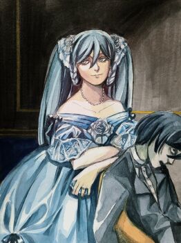 1boy 1girl aqua_eyes aqua_hair bare_shoulders blue_dress blue_hair collarbone collared_shirt commentary corpse crossed_arms dress dress_ribbon english_commentary evil_smile evillious_nendaiki eyelashes fine_art_parody formal_clothes gouache_(medium) hair_ribbon hatsune_miku highres jewelry la_princesse_de_broglie long_hair margarita_blankenheim meta28050 off-shoulder_dress off_shoulder painting_(medium) pale_skin parody ribbon ring shirt sideways_glance smile suit traditional_media tuxedo twintails very_long_hair vocaloid watercolor_(medium) white_dress white_shirt