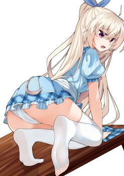 1girl absurdres ahoge akizuki_kanna all_fours ass blonde_hair blue_bow blue_shirt blue_skirt bow cafe_stella_to_shinigami_no_chou cameltoe chinese_commentary cleaning_rag commentary crossed_bangs dutch_angle eyes_visible_through_hair feet frilled_skirt frills from_behind full_body furrowed_brow hair_between_eyes hair_bow half_updo highres light_blush lingnerpoi long_hair looking_at_viewer looking_back miniskirt no_shoes official_alternate_costume official_alternate_hairstyle on_table open_mouth panties pantyshot plaid_clothes plaid_collar pleated_skirt ponytail puffy_short_sleeves puffy_sleeves purple_eyes shirt short_sleeves sidelocks simple_background skirt soles solo striped_clothes striped_shirt table thighhighs thighs tiptoes toes underwear vertical-striped_clothes vertical-striped_shirt very_long_hair waitress white_background white_panties white_thighhighs wiping wiping_table