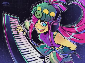 Rule 34 | 1girl, aqua pants, artist logo, artist name, beanie, black background, black nails, blue background, blue eyes, body freckles, breasts, casey (no straight roads), commentary, english commentary, freckles, gradient background, green hat, hat, headphones, highres, instrument, keyboard (instrument), leaning forward, logo, long hair, looking at viewer, multicolored nails, multicolored sleeves, music, no straight roads, no straight roads 2, pants, parted lips, pink hair, playing instrument, purple tank top, shoulder freckles, small breasts, smile, solo, stargureisu, tank top, upper body, white nails, yellow circle