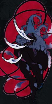 1boy 856_zatta black_hair blue_nails commentary_request extra_mouth fingernails highres kibutsuji_muzan kibutsuji_muzan_(combat) kimetsu_no_yaiba long_fingernails male_focus sharp_fingernails sharp_teeth slit_pupils solo teeth white_hair