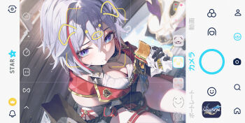 1girl absurdres artist_name blue_eyes blush breasts cleavage closed_mouth commentary diamond-shaped_pupils diamond_(shape) eating fake_phone_screenshot fake_screenshot food from_above hair_between_eyes highres holding holding_food holding_sandwich honkai:_star_rail honkai_(series) light_blush logo_parody looking_at_viewer medium_breasts medium_hair multicolored_hair numby_(honkai:_star_rail) sandwich sitting streaked_hair subway sushispin symbol-shaped_pupils thigh_strap thighs topaz_(honkai:_star_rail) trotter_(honkai:_star_rail) white_hair