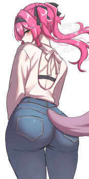 1girl alternate_costume ass back back_cutout black_bow black_hairband blush bow clothing_cutout commentary_request denim from_behind hair_bow hairband highres jeans long_hair looking_at_viewer looking_back lupa_(wuthering_waves) pants pink_hair pink_shirt shirt shoulder_blades sideways_glance simple_background solo tail uissu watermark white_background wolf_tail wuthering_waves yellow_eyes