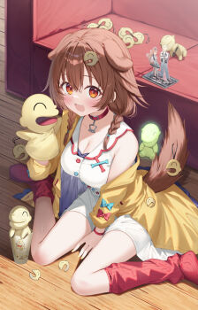 1girl animal_ears asymmetrical_legwear bone_hair_ornament braid breasts brown_eyes brown_hair cleavage collar commentary_request dog_ears dog_girl dog_tail gurasion_(gurasion) hair_between_eyes hair_ornament highres hololive inugami_korone inugami_korone_(1st_costume) jacket listener_(inugami_korone) long_hair looking_at_viewer open_mouth red_collar red_socks smile socks solo tail teeth twin_braids uneven_legwear upper_teeth_only virtual_youtuber wooden_floor