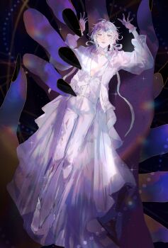 1boy absurdres arms_up bishounen black_claws blue_eyes blue_hair boots eyelashes gavis_bettel grey_hair hair_between_eyes hashtag-only_commentary heterochromia high_heel_boots high_heels highres holostars holostars_english in_palm long_sleeves looking_at_viewer male_focus medium_hair multicolored_hair neck_ribbon pants pink_eyes pink_hair ribbon riz_tempura shirt size_difference solo_focus sparkle virtual_youtuber white_pants white_ribbon white_shirt