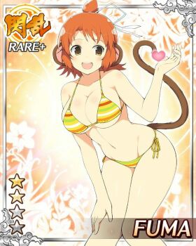 Rule 34 | 1girl, animal ears, bikini, breasts, brown eyes, brown tail, card (medium), cleavage, fuma (senran kagura), game cg, hair ribbon, heart, large breasts, leaning forward, medium hair, monkey ears, monkey girl, monkey tail, navel, non-web source, official alternate costume, official art, orange hair, rainbow bikini, ribbon, senran kagura, senran kagura new wave, side-tie bikini bottom, solo, striped bikini, striped clothes, swimsuit, tail, topknot, white ribbon