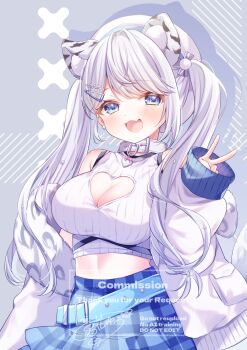 Rule 34 | 1girl, :d, blue eyes, blue skirt, blush, breasts, cleavage, cleavage cutout, clothing cutout, collar, commentary request, commission, cowboy shot, cropped sweater, fang, hand up, heart cutout, highres, indie virtual youtuber, jacket, large breasts, long hair, long sleeves, looking at viewer, miyahana yu (artist), off shoulder, open clothes, open jacket, open mouth, parted bangs, ren kohaku (vtuber), sidelocks, signature, skeb commission, skin fang, skirt, sleeveless, sleeveless sweater, sleeves past wrists, smile, snow leopard ears, snow leopard girl, snow leopard tail, solo, sweater, twintails, v, virtual youtuber, watermark, white collar, white hair, white jacket, white sweater