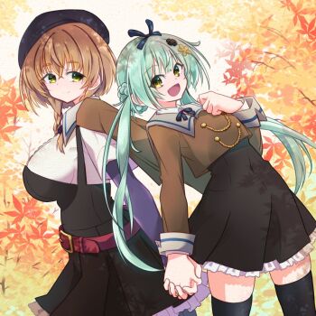 2girls :d assault_lily autumn_leaves beret black_dress black_flower black_hat black_thighhighs blue_ribbon braid breasts brown_hair brown_jacket closed_mouth cowboy_shot cropped_jacket crossed_bangs digamma dress floral_background flower frilled_dress frills green_eyes green_hair hair_between_eyes hair_flower hair_ornament hand_on_own_chest hashtag-only_commentary hat highres hirotsu_yuuzutsu holding_hands interlocked_fingers jacket jacket_on_shoulders jewelry large_breasts layered_sleeves leaf long_hair long_sleeves looking_at_viewer looking_to_the_side low_twin_braids low_twintails multiple_girls neck_ribbon open_mouth pinafore_dress ribbon ring shirt short_over_long_sleeves short_sleeves side_braids sleeveless sleeveless_dress sleeves_past_wrists smile standing thighhighs tree_shade twin_braids twintails twintails_with_braided_base ueda_imari very_long_hair white_background white_shirt yellow_eyes yellow_flower zettai_ryouiki