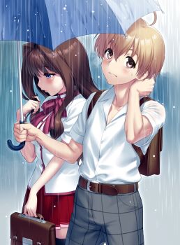 1boy 1girl 3: ahoge arm_behind_head averting_eyes bag belt black_thighhighs blonde_hair blue_eyes blue_umbrella blush bow bowtie brown_belt brown_eyes brown_hair closed_mouth collared_shirt commentary_request commission cowboy_shot dress_shirt eyes_visible_through_hair fidgeting green_pants hair_between_eyes hair_intakes half-closed_eyes hand_up highres holding holding_bag holding_umbrella kanon kitagawa_jun long_hair miniskirt misaka_kaori outdoors pants plaid_clothes plaid_pants playing_with_own_hair pleated_skirt rain red_bow red_bowtie red_skirt school_bag school_uniform second-party_source shared_umbrella shirt short_hair short_sleeves shy sidelocks skeb_commission skirt sweatdrop tareme thighhighs umbrella wet white_shirt zen_(kamuro) zettai_ryouiki