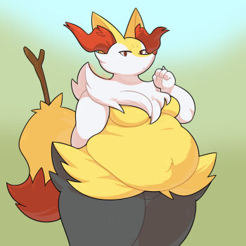 1girl alternate_body_size animal_ear_fluff animal_ears animal_nose arm_behind_back artist_name blue_background braixen breasts chocco_pudding clenched_hand closed_mouth commentary commission english_commentary furry gen_6_pokemon gradient_background green_background highres medium_breasts nintendo orange_tail pokemon red_eyes simple_background solo stick thick_arms thick_thighs thighs twitter_username white_fur yellow_fur yellow_tail
