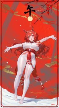 Rule 34 | 1girl, :d, absurdres, animal ears, artist name, blush, bodystocking, bodysuit, breasts, commentary request, covered erect nipples, dk.senie, elbow gloves, gloves, highres, horse ears, horse girl, looking at viewer, open mouth, original, outstretched arm, red eyes, red hair, smile, snow, solo, standing, tattoo, white bodysuit, white gloves