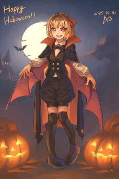 1girl a-xii alternate_costume bat_(animal) bat_wings black_bow black_bowtie black_cape black_jacket black_shoes black_shorts black_thighhighs bow bowtie cape collared_shirt commentary dated english_commentary full_moon halloween halloween_costume happy_halloween highres jack-o&#039;-lantern jacket long_sleeves looking_at_viewer moon night night_sky open_mouth orange_cape outdoors puffy_shorts rumia sharp_teeth shirt shoes shorts signature sky solo teeth thighhighs touhou two-sided_cape two-sided_fabric upper_teeth_only vampire_costume white_shirt wings