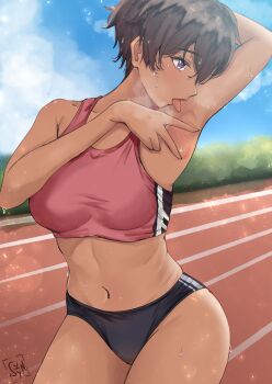 1girl armpit_focus armpits bad_id bad_pixiv_id bare_arms bare_shoulders black_buruma black_hair breasts buruma cowboy_shot day highres large_breasts licking licking_armpit licking_own_armpit make_heroine_ga_oo_sugiru! navel outdoors presenting_armpit profile purple_eyes red_sports_bra running_track short_hair signature solo sports_bikini sports_bra spread_armpit sweat syyn_(syyndev) tomboy tongue tongue_out track_uniform yakishio_lemon