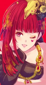 1girl 24mbb alternate_costume blunt_bangs earrings gnosia heart heart_earrings heart_tattoo high_ponytail highres jewelry long_hair looking_at_viewer ponytail red_eyes red_hair simple_background smile solo sq_(gnosia) tattoo upper_body