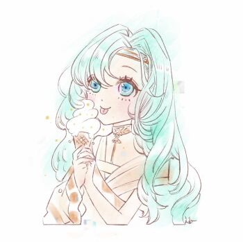 Rule 34 | 1girl, 37 (reverse:1999), :p, ancient greek clothes, blue eyes, blue hair, commentary request, emu (bleudoux r), food, gold choker, greco-roman clothes, hands up, highres, holding, holding food, holding ice cream, ice cream, long hair, reverse:1999, solo, toga, tongue, tongue out, upper body, white background