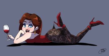 1girl ass bare_shoulders blue_eyes brown_hair cup drinking_glass from_side grey_background high_heels lace_pantyhose_hooked_on_heel_(meme) leotard lips long_hair lying mario_(series) nintendo on_stomach pantyhose pauline_(mario) sleeveless sushiburgerrr wine_glass